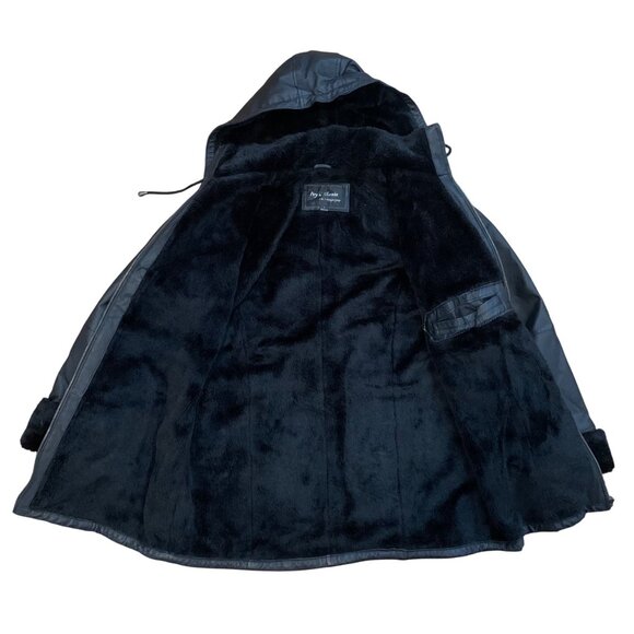 Black Hooded Leather Jacket w/ Faux Fur Lining & Cuffs Womens SZ L *NO BELT* - Picture 3 of 6